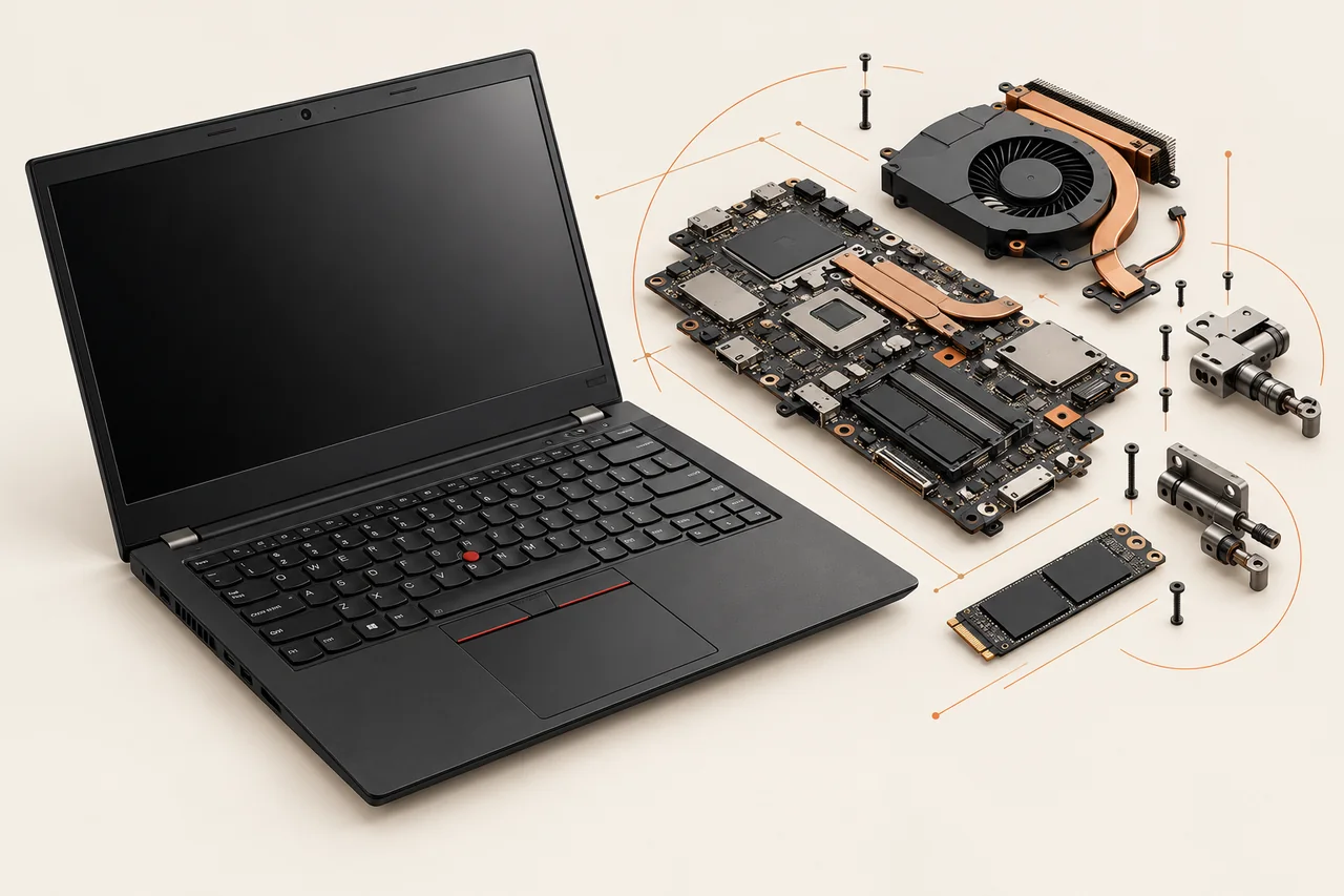 Ilustração de notebook e componentes para diagnóstico de reparo Lenovo